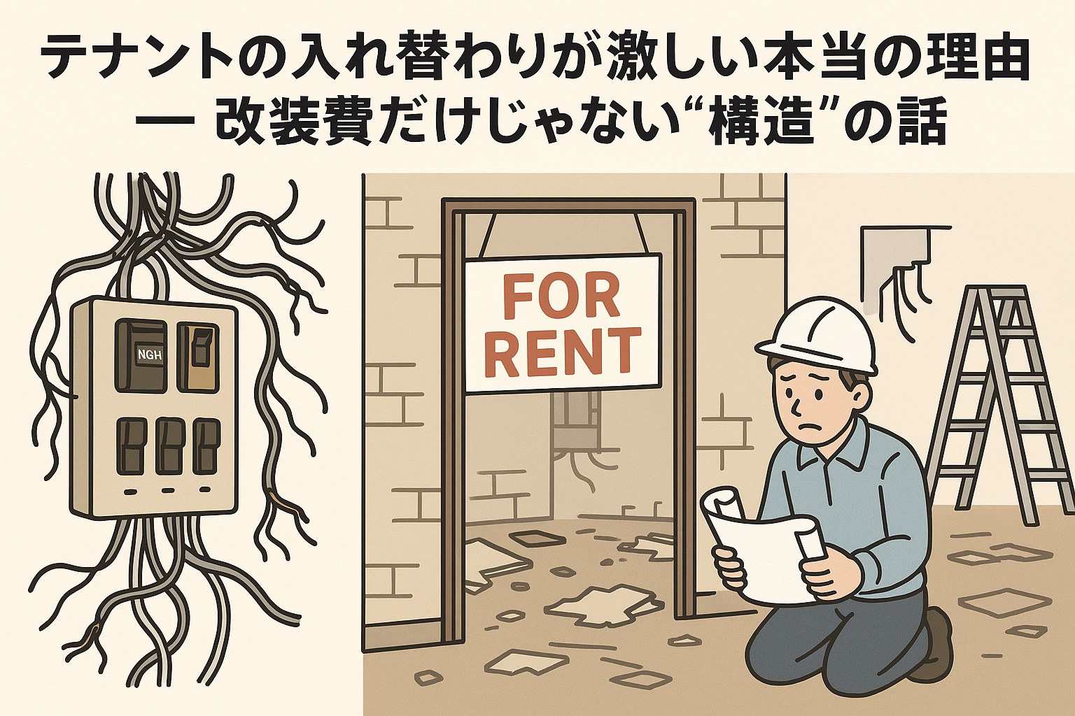 老朽化した建物の外壁と内部配線を点検する作業員が描かれたスタイリッシュなイラスト。