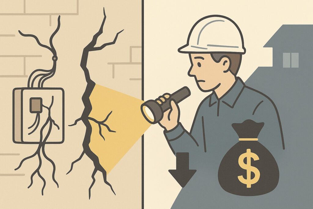 ひび割れた外壁を懐中電灯で点検する作業員のイラスト。外壁劣化が建物価値の低下につながることを示している。