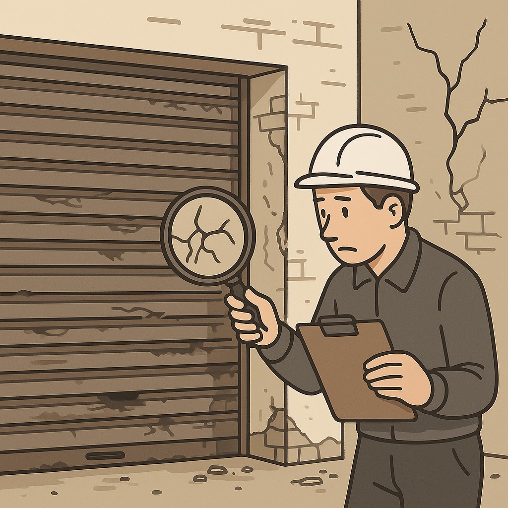 老朽化したシャッター店舗を、ルーペとクリップボードを持った作業員が点検しているイラスト。