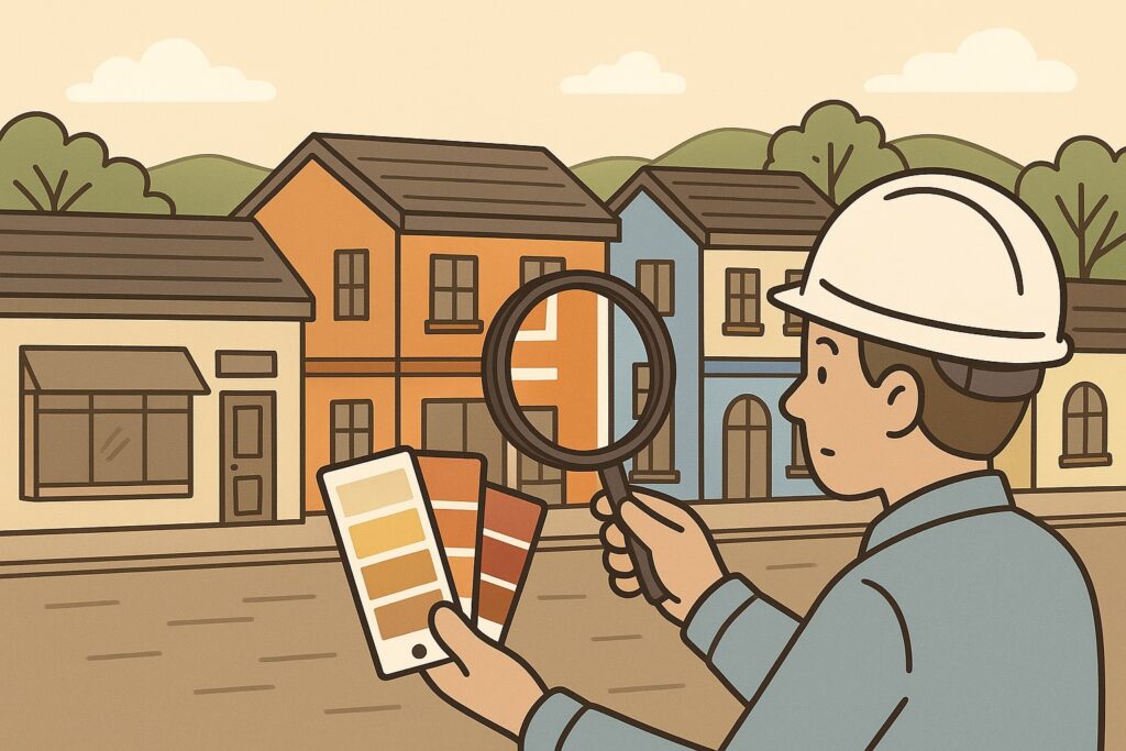 色見本とルーペを手に、建物の外壁カラーを確認している作業員のイラスト。