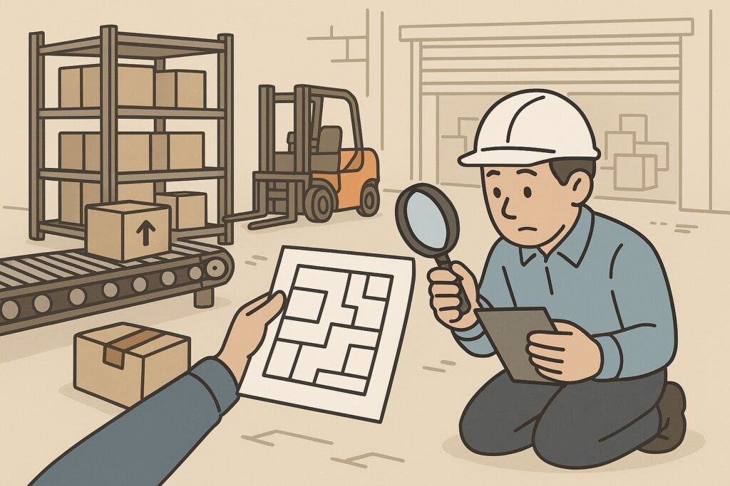 倉庫内で作業員がレイアウト図を確認しながら動線をチェックしている様子を描いたイラスト。