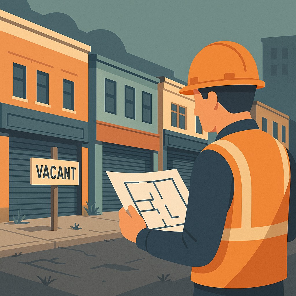 老朽化した商店街の空き店舗を、建物の状態を確認しながら調査している作業員のイラスト。