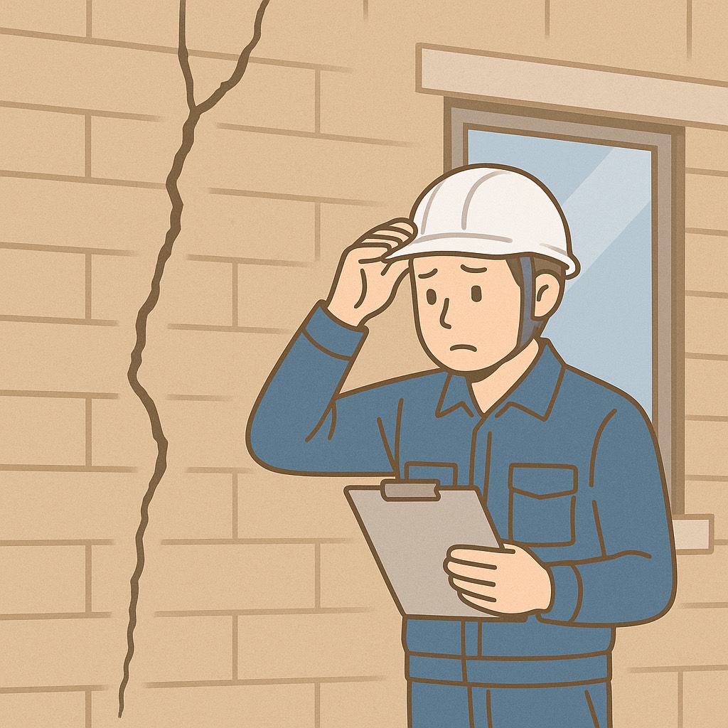 雨漏りが発生した建物の外装を、作業員が原因確認のため点検しているイラスト。