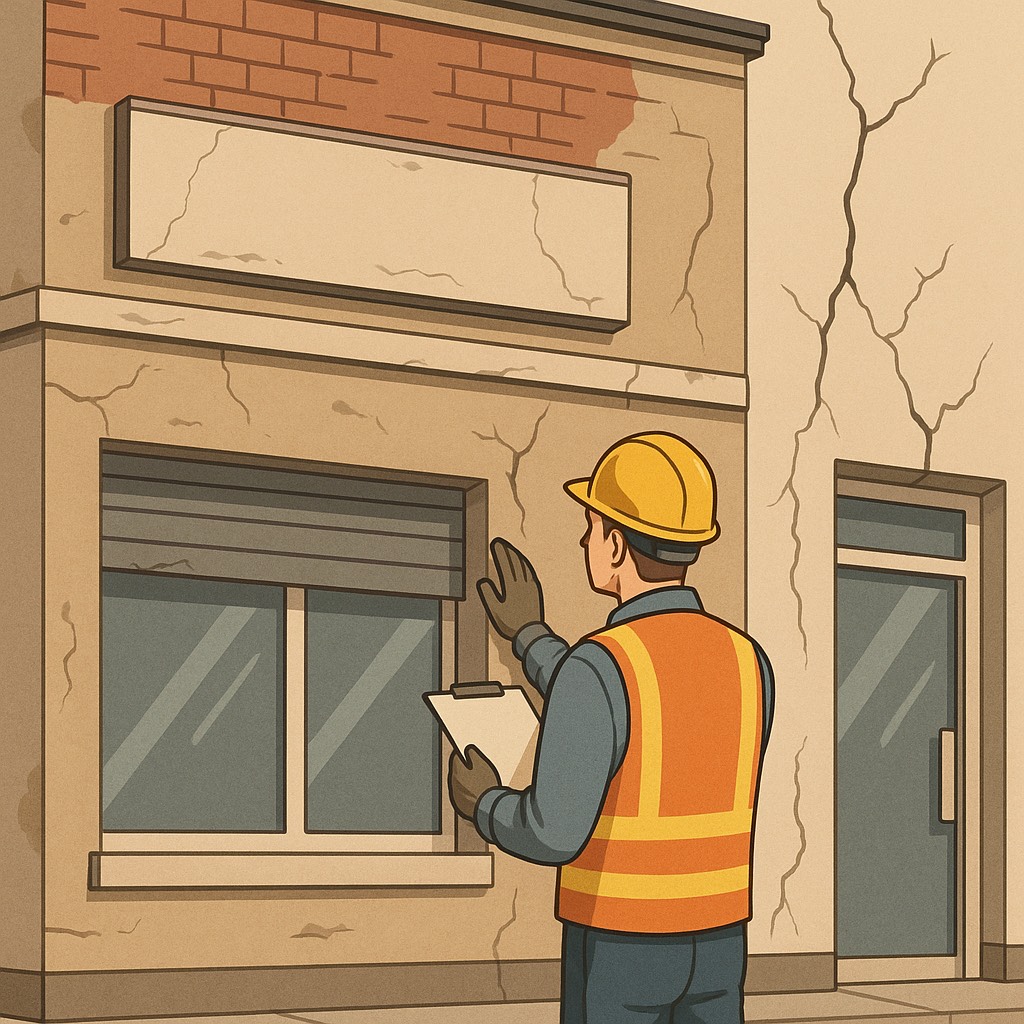 外壁にひび割れがある商業ビルの外装を、作業員が点検しているイラスト。