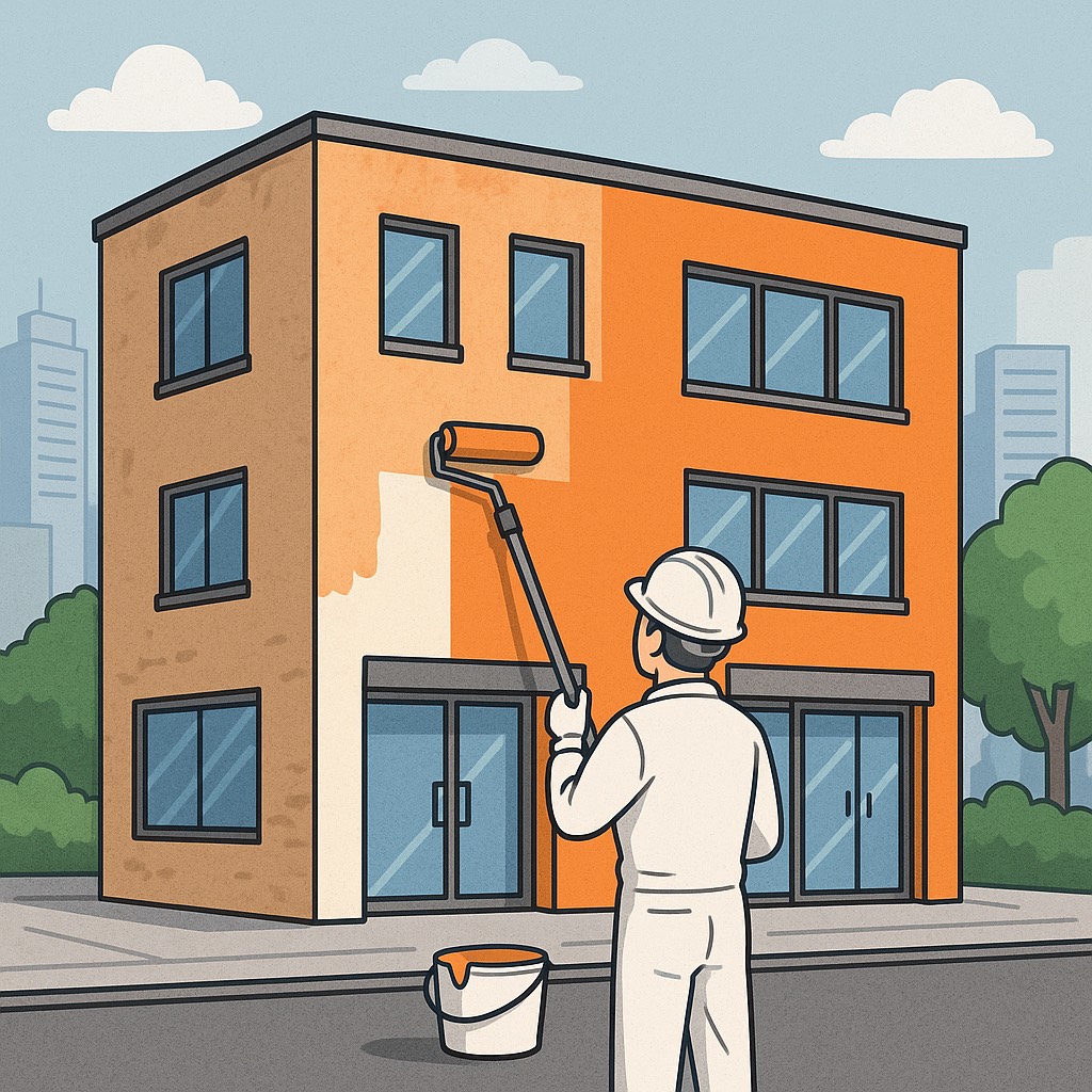 外壁を塗装している作業員と、色が整った建物が並ぶ街並みのイラスト。