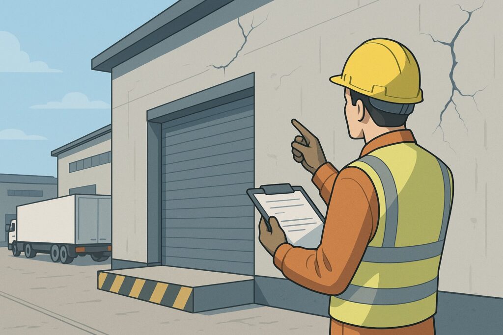 物流倉庫の外装を点検し、建物外部の状態を確認している作業員のイラスト。