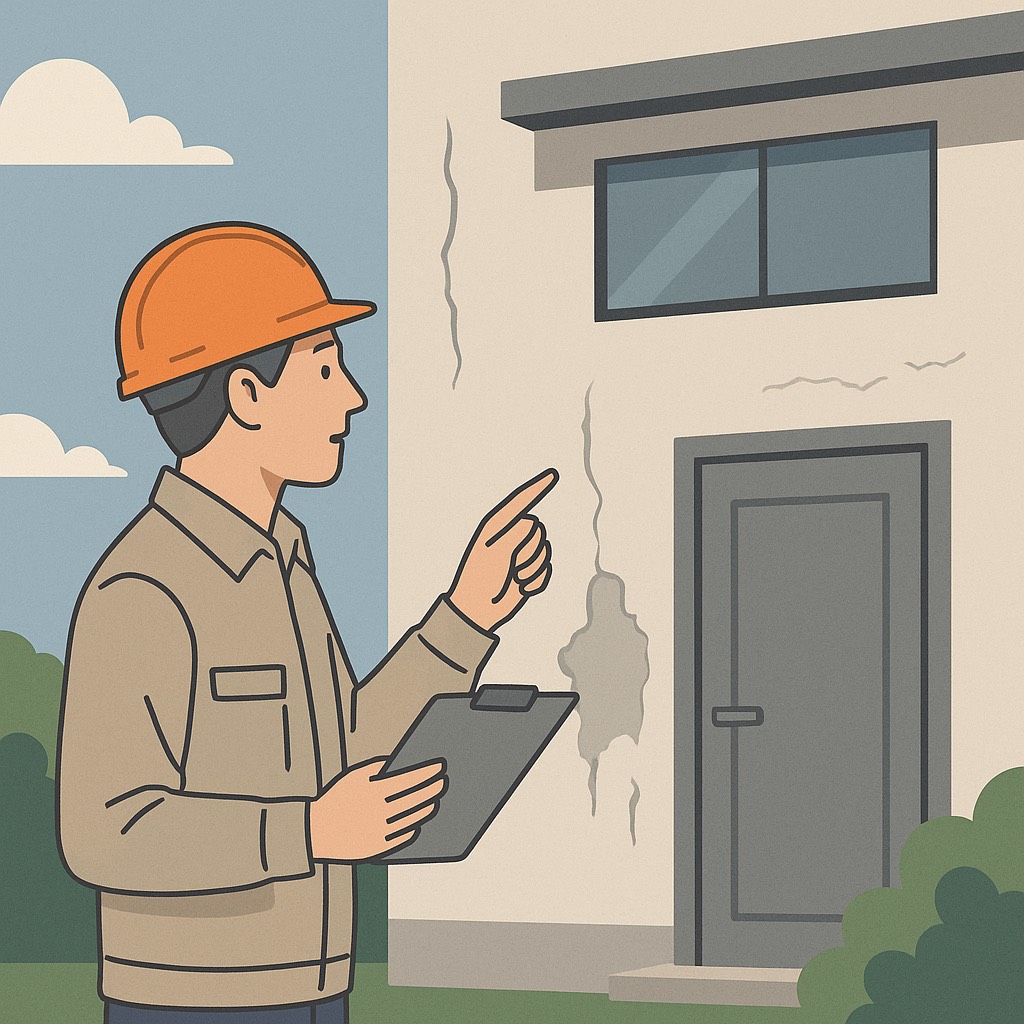 紫外線や雨風にさらされ劣化した建物外壁を点検している様子のイラスト。