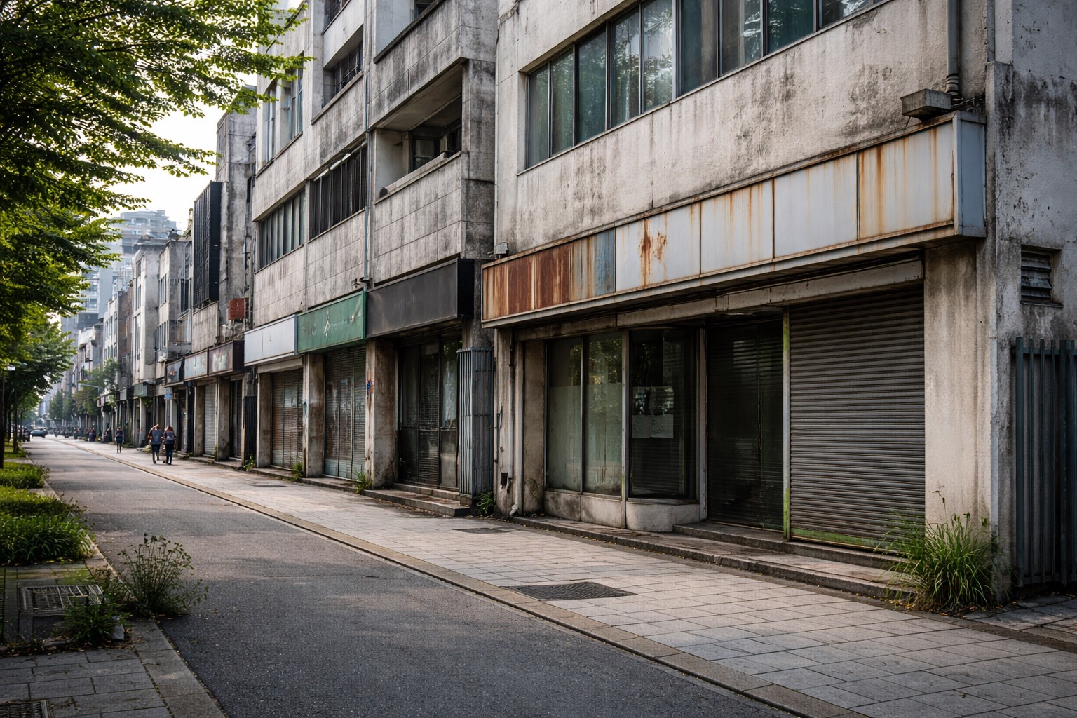 外装の劣化が目立つ商業ビルの外観と人通りの少ない街並み