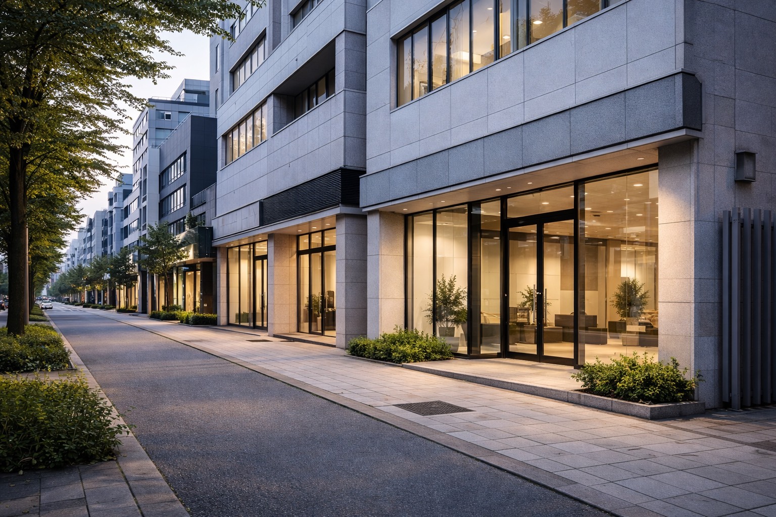 整備された外装を持つ商業ビルの落ち着いた外観