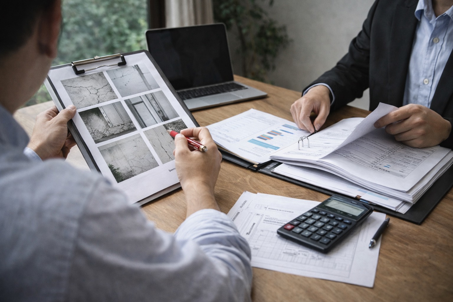 建物管理における外装点検と書類確認のイメージ