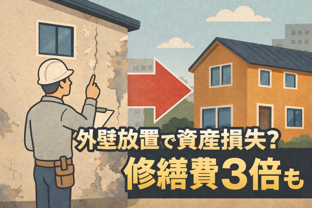 ひび割れた外壁を点検する作業員と、劣化した建物外観のイラスト
