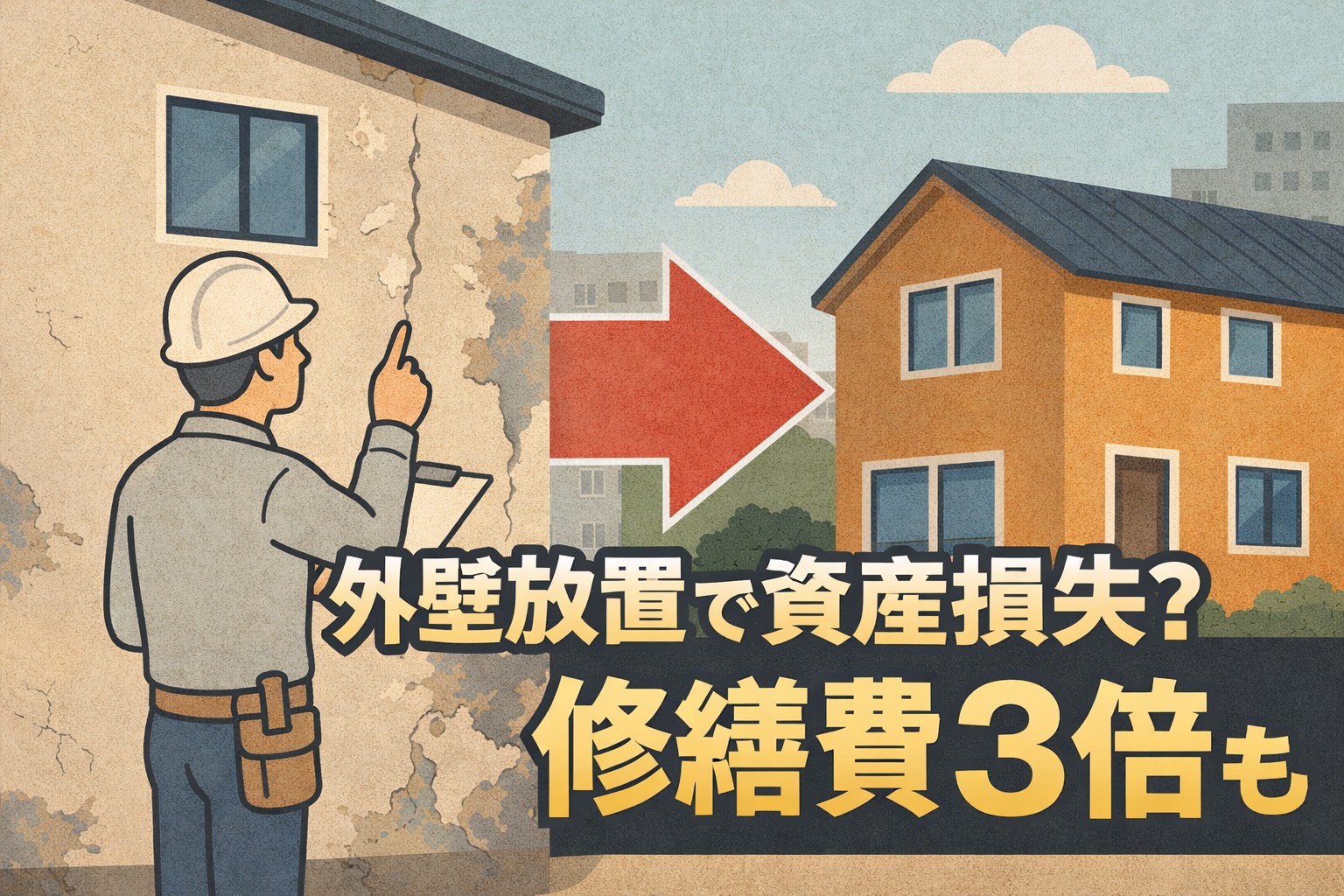 ひび割れた外壁を点検する作業員と、劣化した建物外観のイラスト