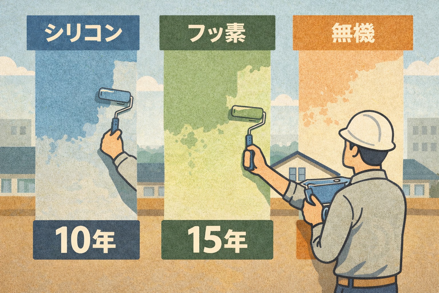 複数の塗料グレードを比較しながら外壁を塗装している様子のイラスト。