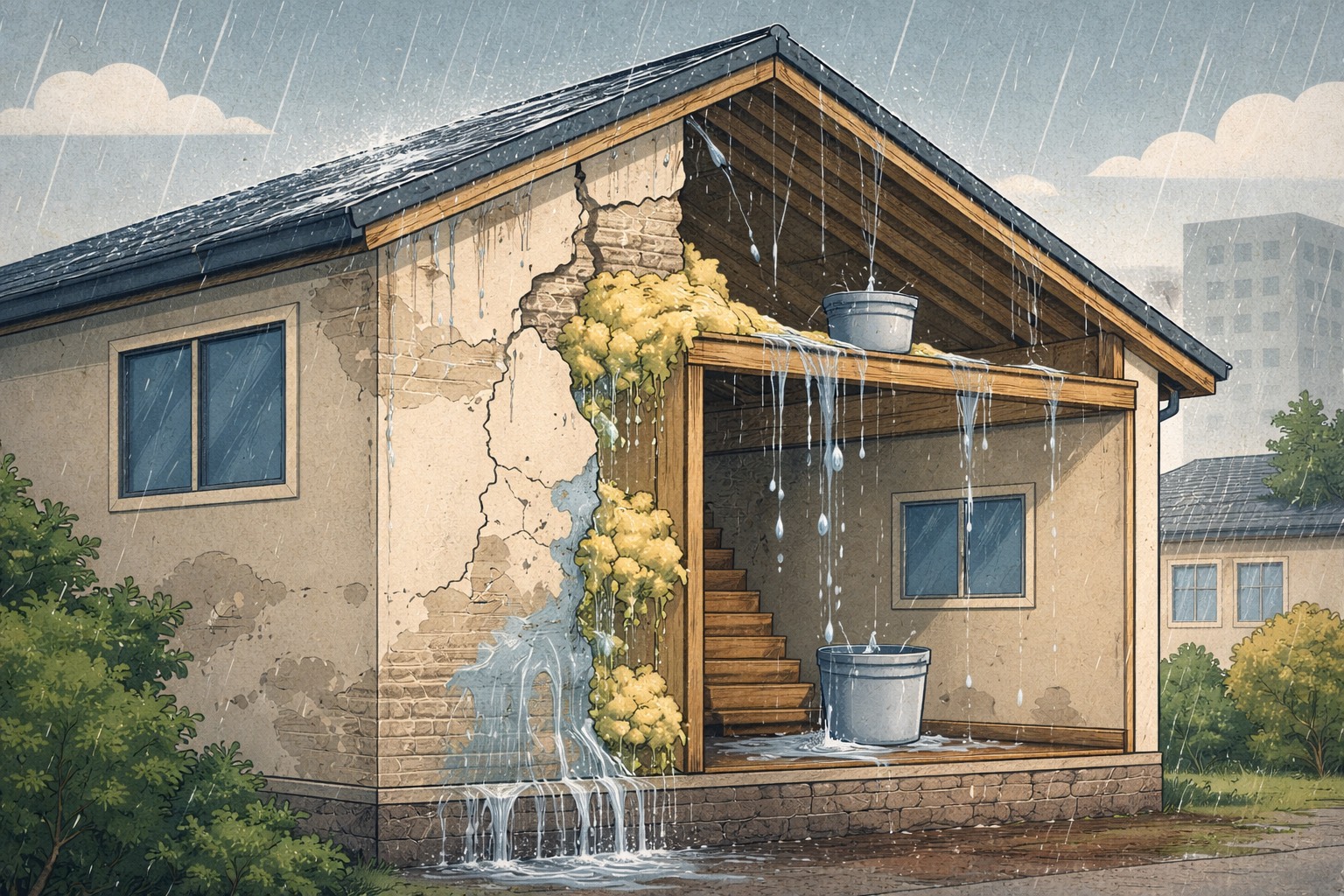 劣化した外壁と雨水侵入を示す建物断面イラスト。