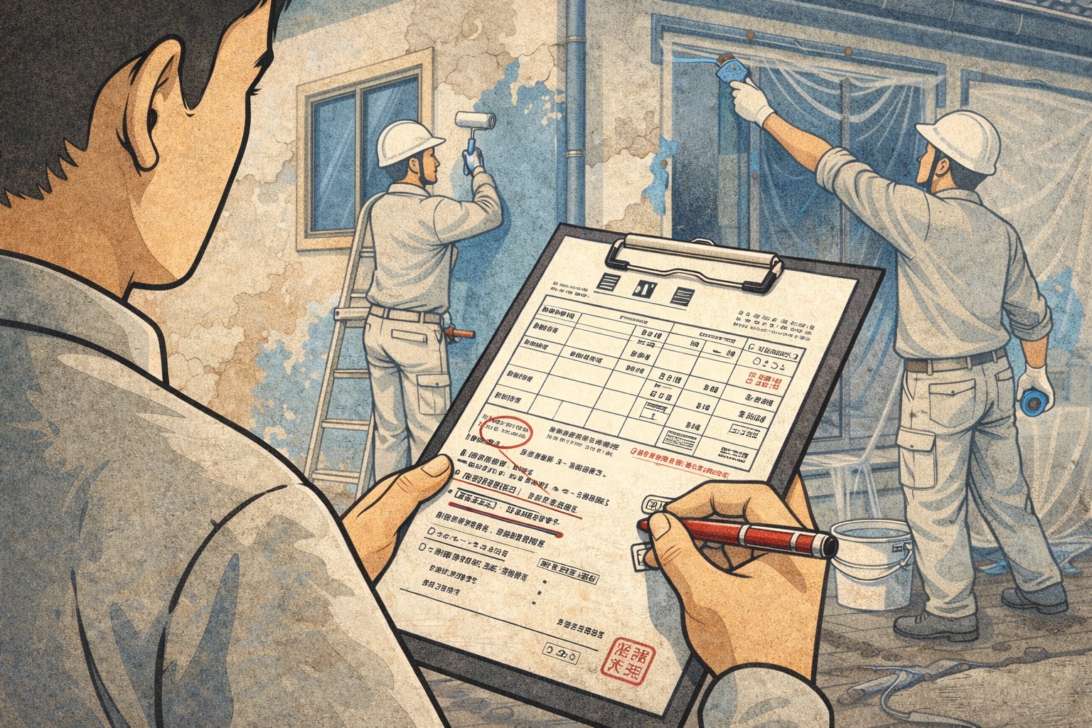 外壁塗装の見積書を確認している様子と塗装作業のイラスト。