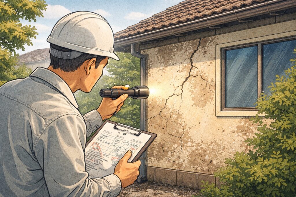 築年数が経過した住宅の外壁を点検している様子のイラスト。