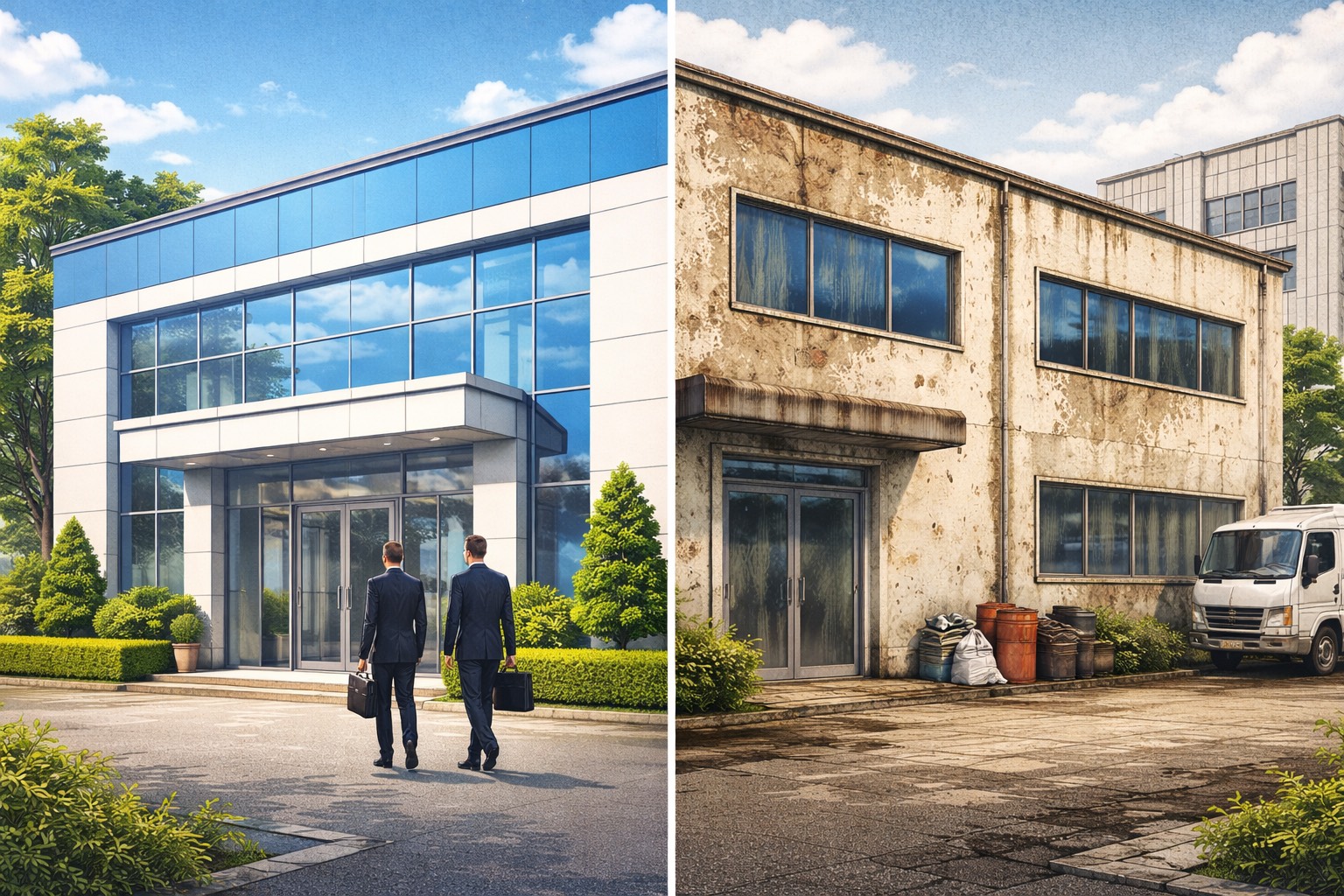外壁が整った企業建物と劣化した建物を比較したイラスト。