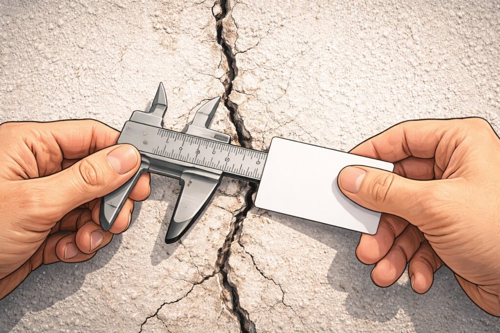 ひび割れた外壁を近くで確認している様子のイラスト。