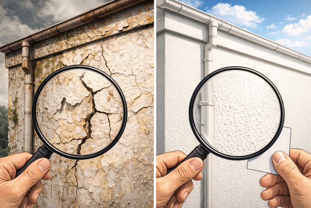 劣化した外壁と、塗装後のきれいな外壁を比較しているイラスト。