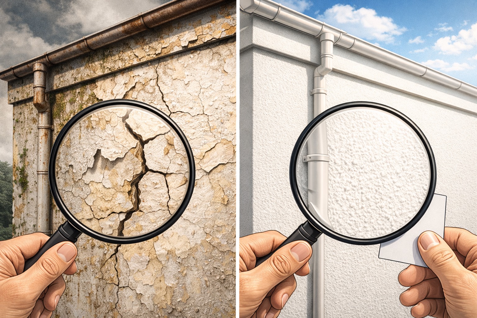劣化した外壁と、塗装後のきれいな外壁を比較しているイラスト。